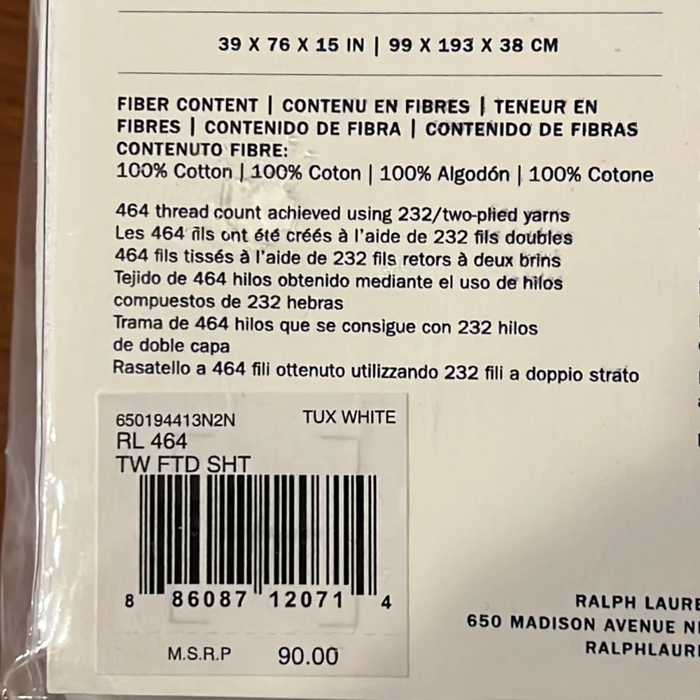 Ralph Lauren RL 464 Solid Percale Twin Flat + Extra Deep Fitted Sheet set Tux